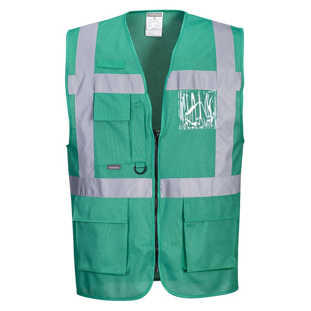 A green safety vest designed for use on construction sites and in industrial work environments.,