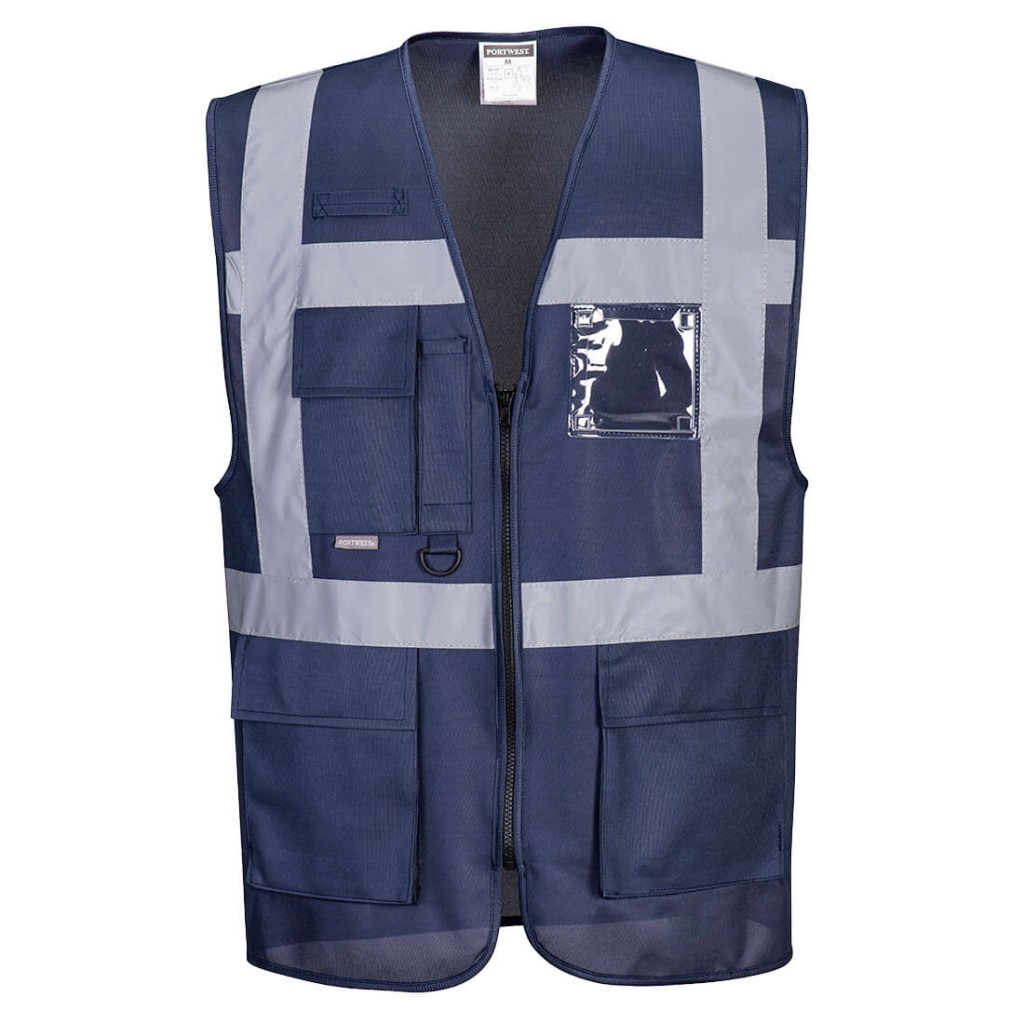 A navy blue safety vest designed for use on construction sites and in industrial work environments.,