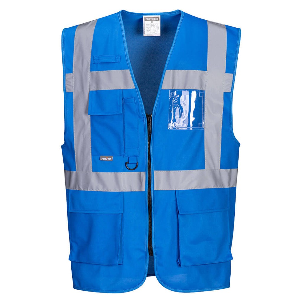 A blue safety vest designed for use on construction sites and in industrial work environments.,