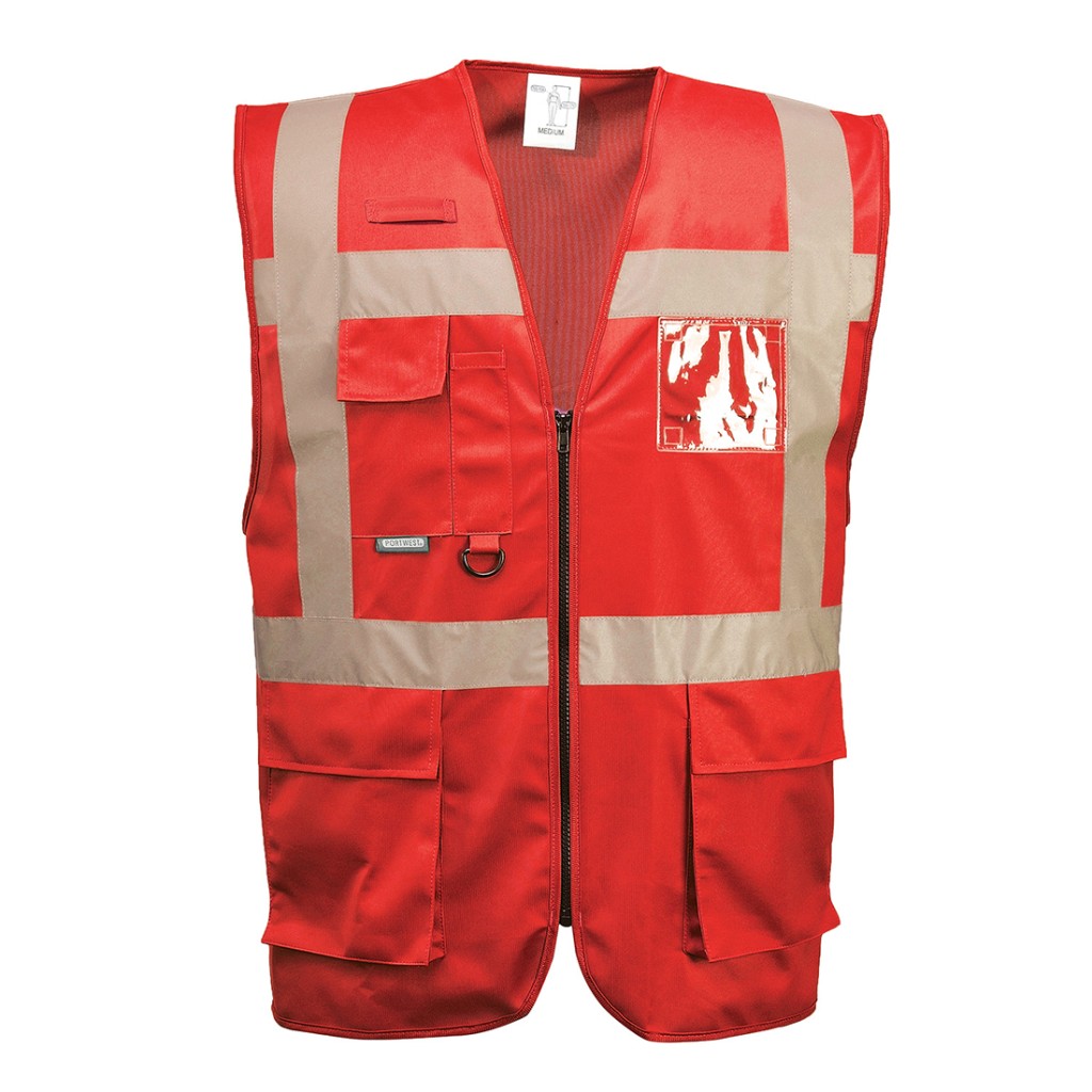 A red safety vest designed for use on construction sites and in industrial work environments.,