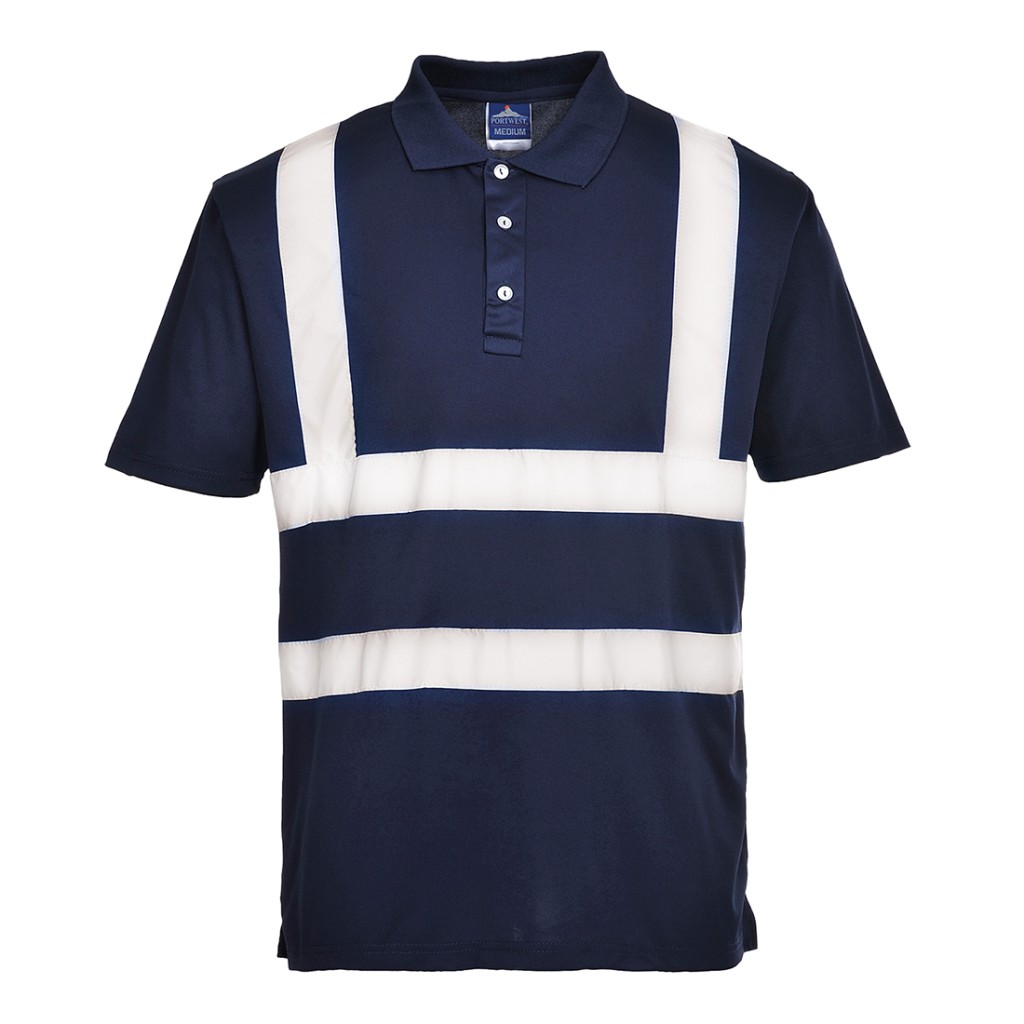 A navy blue polo shirt designed for use on construction sites and in industrial work environments.,