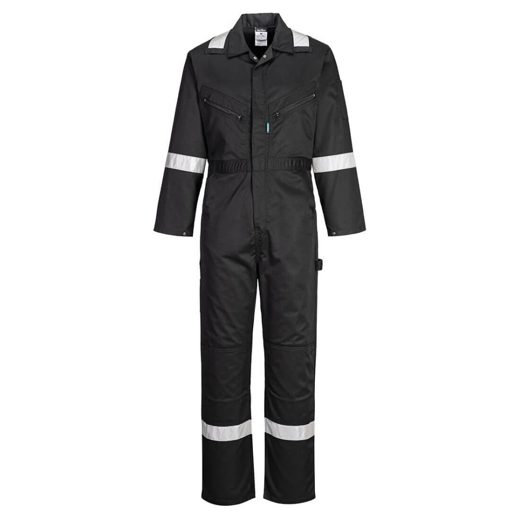 A black coverall designed for use on construction sites and in industrial work environments.,