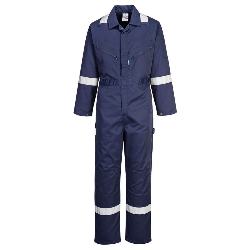 A navy blue coverall designed for use on construction sites and in industrial work environments.,