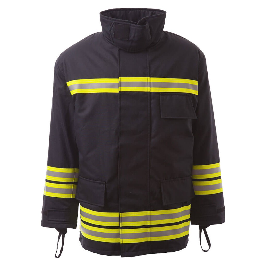 A navy blue jacket designed for use on construction sites and in industrial work environments.,