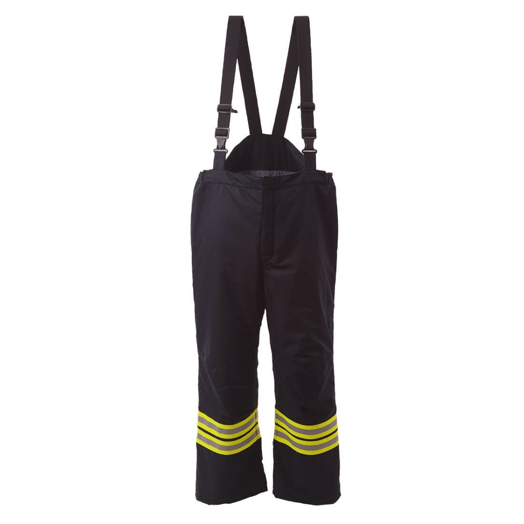 A pair of navy blue work trousers designed for use on construction sites and in industrial work environments.,