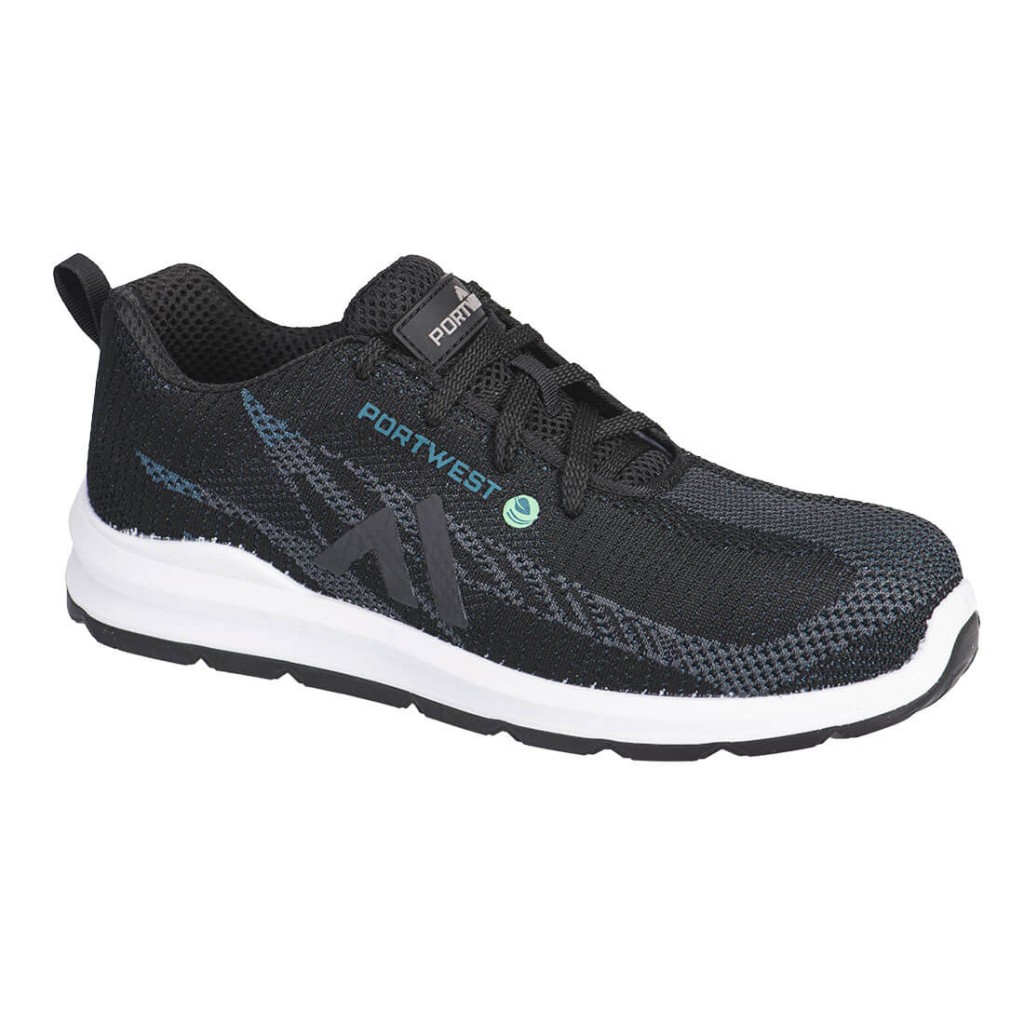 A black safety trainer with a composite toecap, a cushioned insole, and a lightweight anti-slip sole, suitable for lighter-duty site work.
