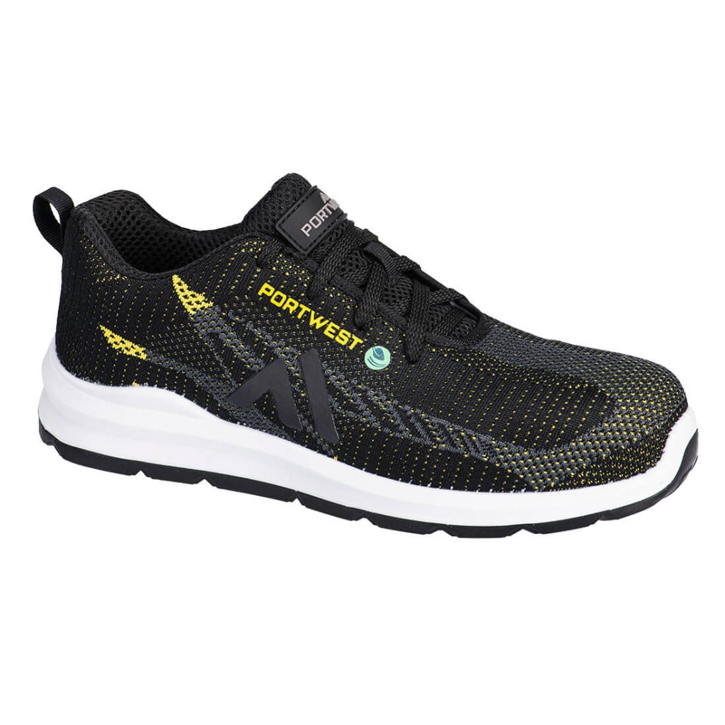 A black safety trainer with a composite toecap, a cushioned insole, and a lightweight anti-slip sole, suitable for lighter-duty site work.