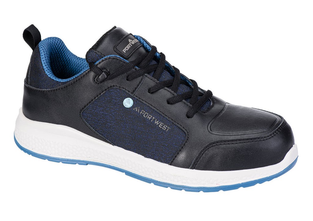 A black safety trainer with a composite toecap, a cushioned insole, and a lightweight anti-slip sole, suitable for lighter-duty site work.