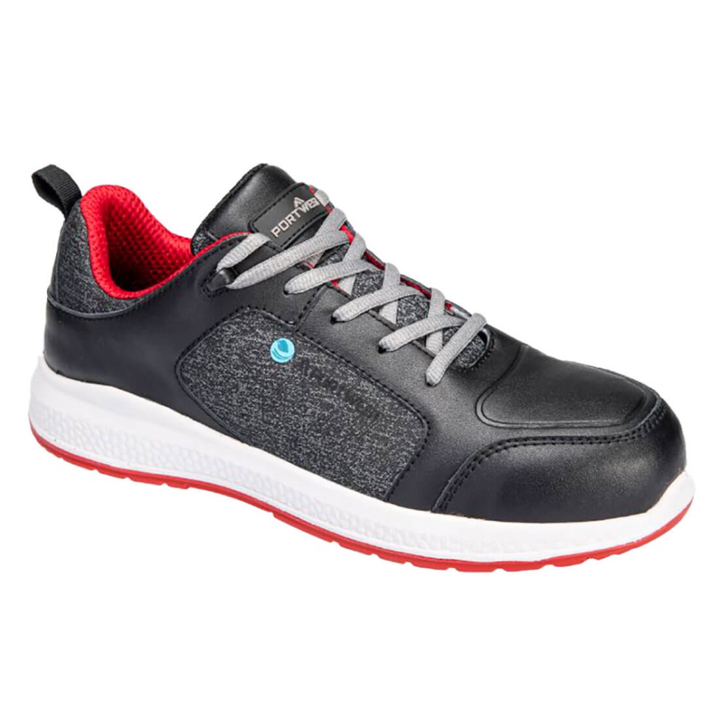 A black safety trainer with a composite toecap, a cushioned insole, and a lightweight anti-slip sole, suitable for lighter-duty site work.