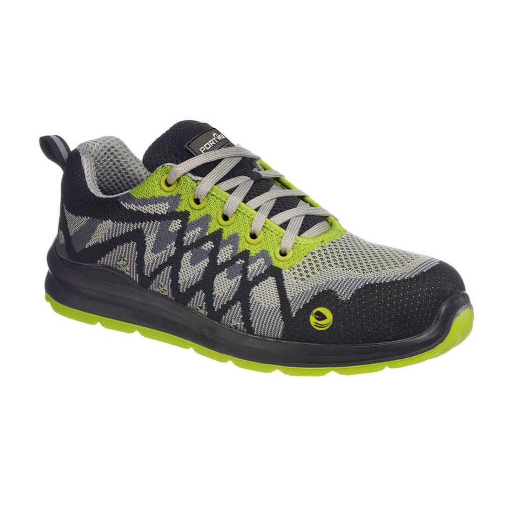 A black safety trainer with a composite toecap, a cushioned insole, and a lightweight anti-slip sole, suitable for lighter-duty site work.
