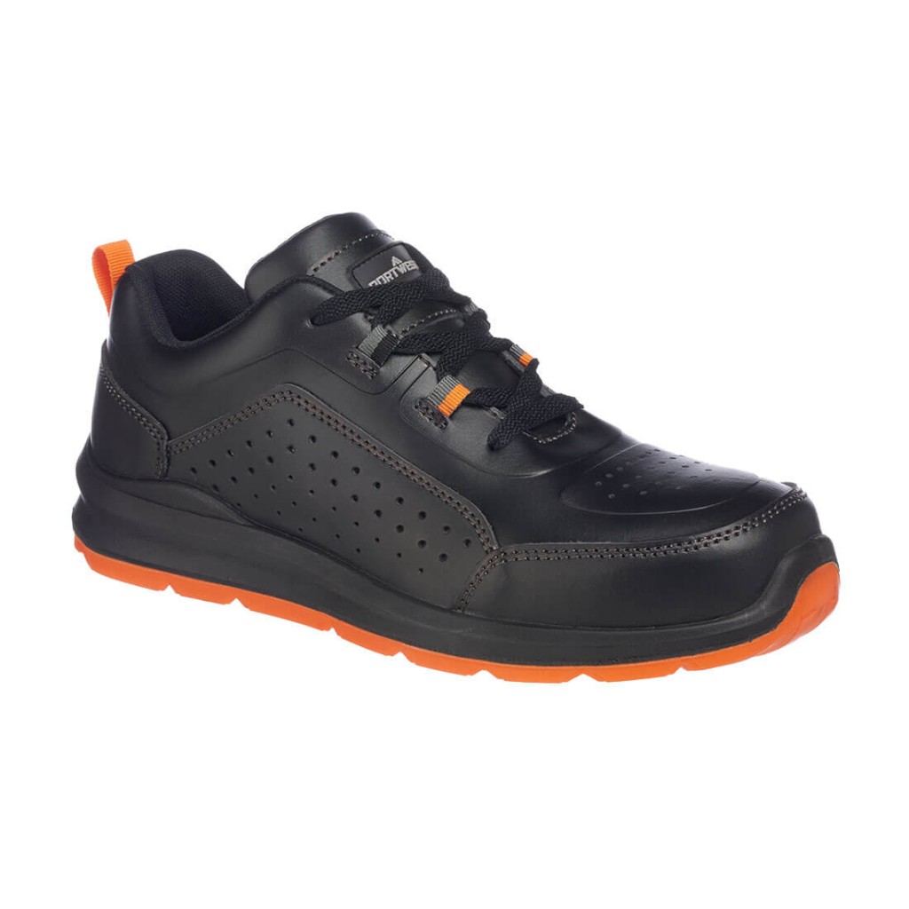 A black safety trainer with a composite toecap, a cushioned insole, and a lightweight anti-slip sole, suitable for lighter-duty site work.