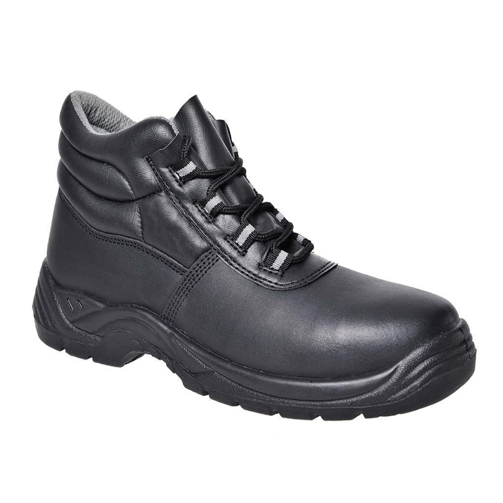 A black leather safety boot with a composite toecap and anti-slip sole, providing lightweight safety protection for site and industrial use.