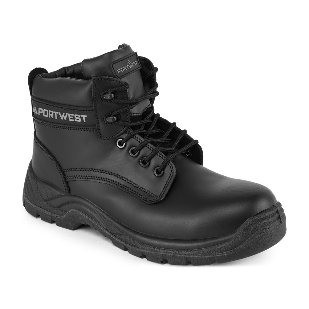 A black leather safety boot with a composite toecap and anti-slip sole, providing lightweight safety protection for site and industrial use.