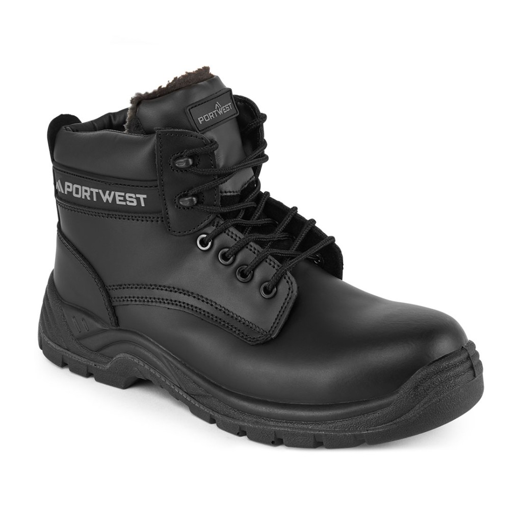 A black leather safety boot with a composite toecap and anti-slip sole, providing lightweight safety protection for site and industrial use.