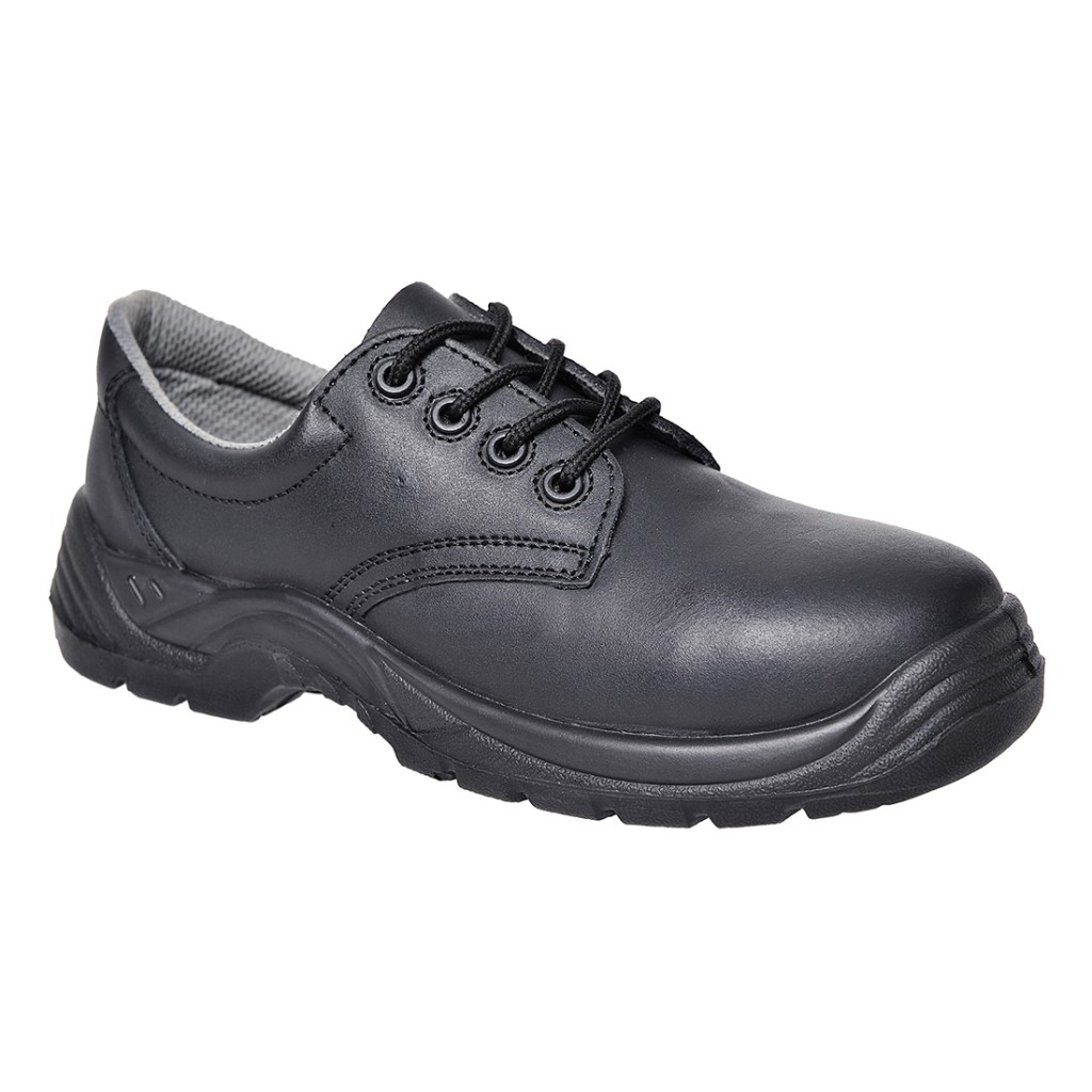 A black safety trainer with a composite toecap, a cushioned insole, and a lightweight anti-slip sole, suitable for lighter-duty site work.