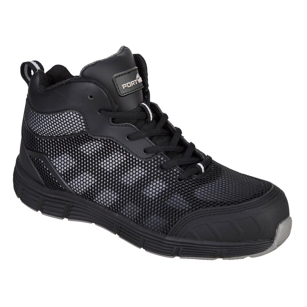 A black safety trainer with a composite toecap, a cushioned insole, and a lightweight anti-slip sole, suitable for lighter-duty site work.