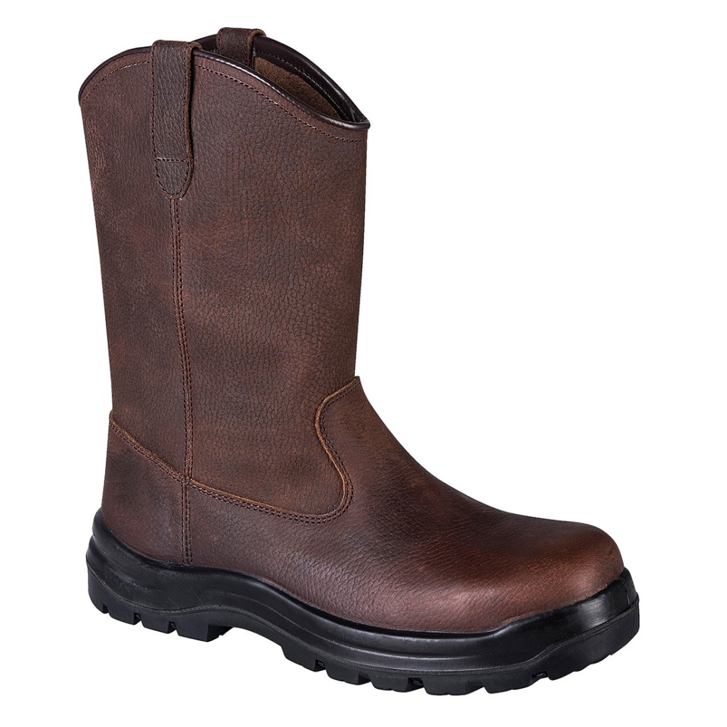 A brown leather safety boot with a composite toecap and anti-slip sole, providing lightweight safety protection for site and industrial use.