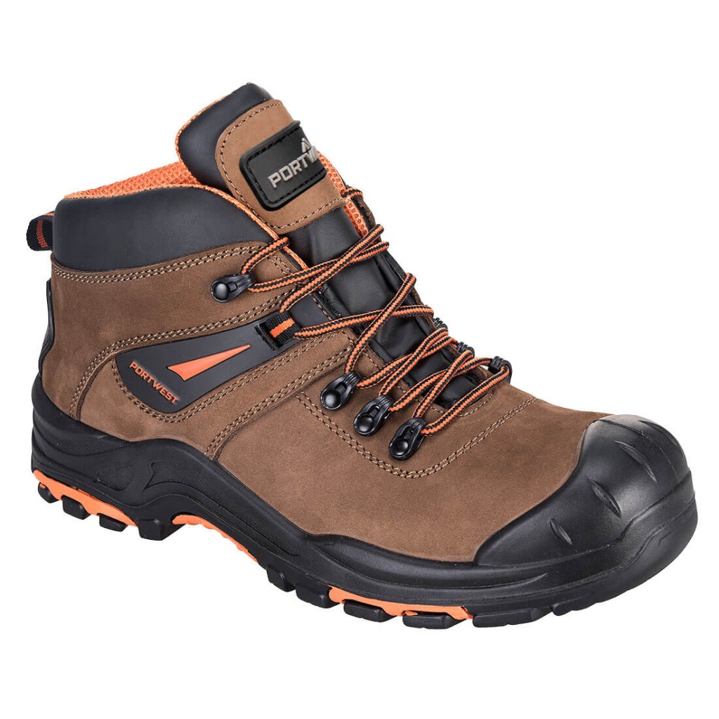 A brown composite safety boot with a composite toecap and anti-slip sole, providing lightweight safety protection for site and industrial use.