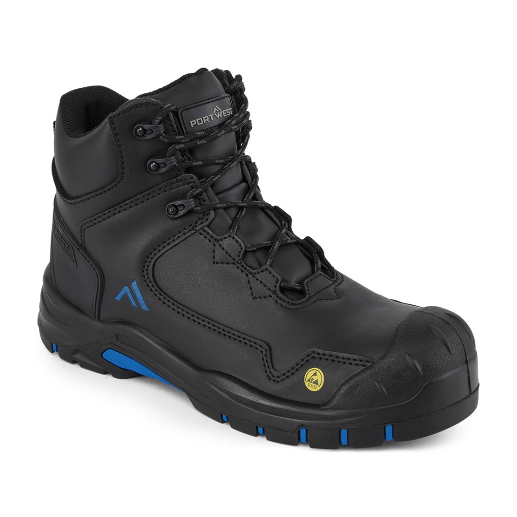 A black leather safety boot with a composite toecap and anti-slip sole, providing lightweight safety protection for site and industrial use.
