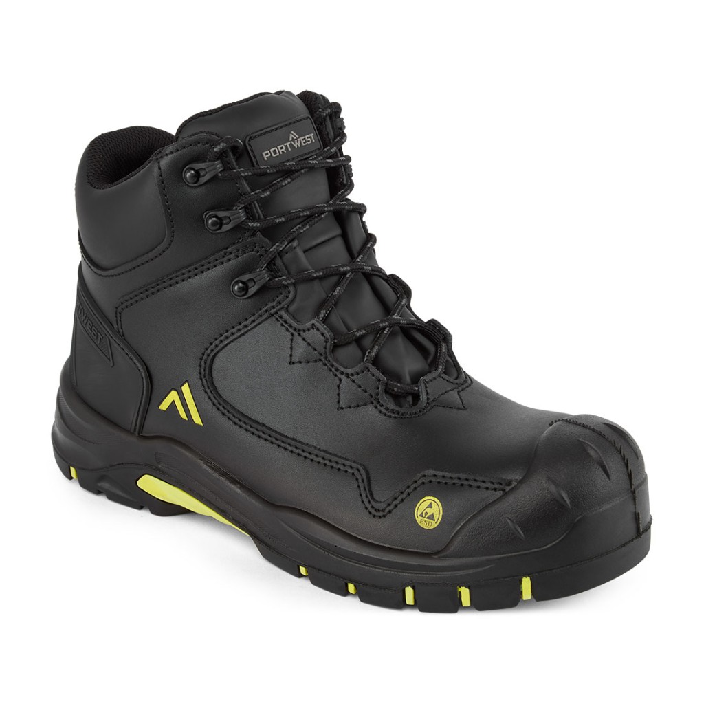 A black leather safety boot with a composite toecap and anti-slip sole, providing lightweight safety protection for site and industrial use.