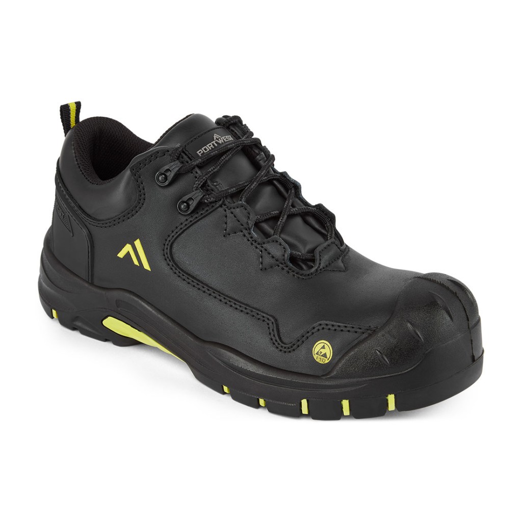 A black safety trainer with a composite toecap, a cushioned insole, and a lightweight anti-slip sole, suitable for lighter-duty site work.