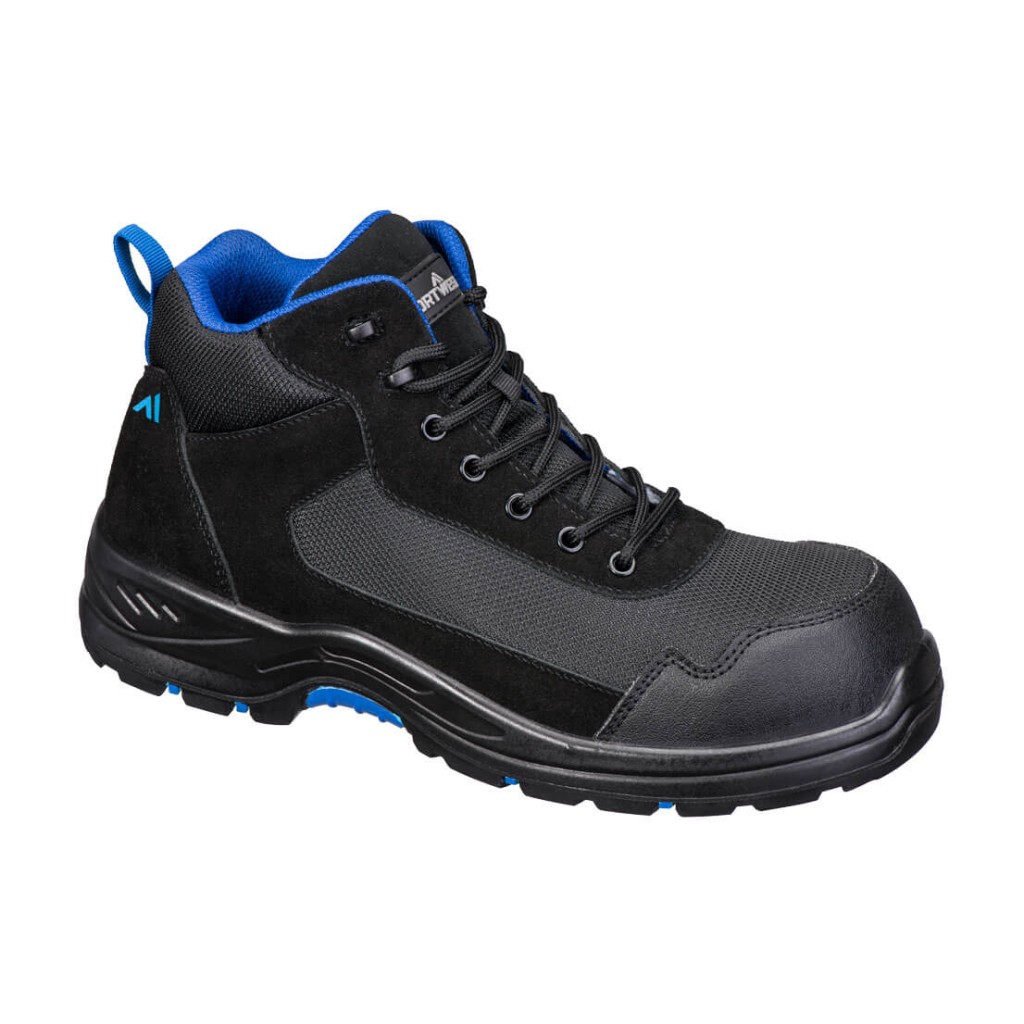 A black composite safety boot with a composite toecap and anti-slip sole, providing lightweight safety protection for site and industrial use.
