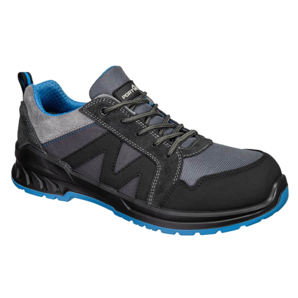 A black safety trainer with a composite toecap, a cushioned insole, and a lightweight anti-slip sole, suitable for lighter-duty site work.