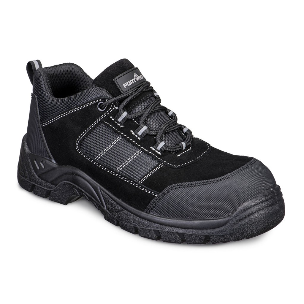 A black safety trainer with a composite toecap, a cushioned insole, and a lightweight anti-slip sole, suitable for lighter-duty site work.