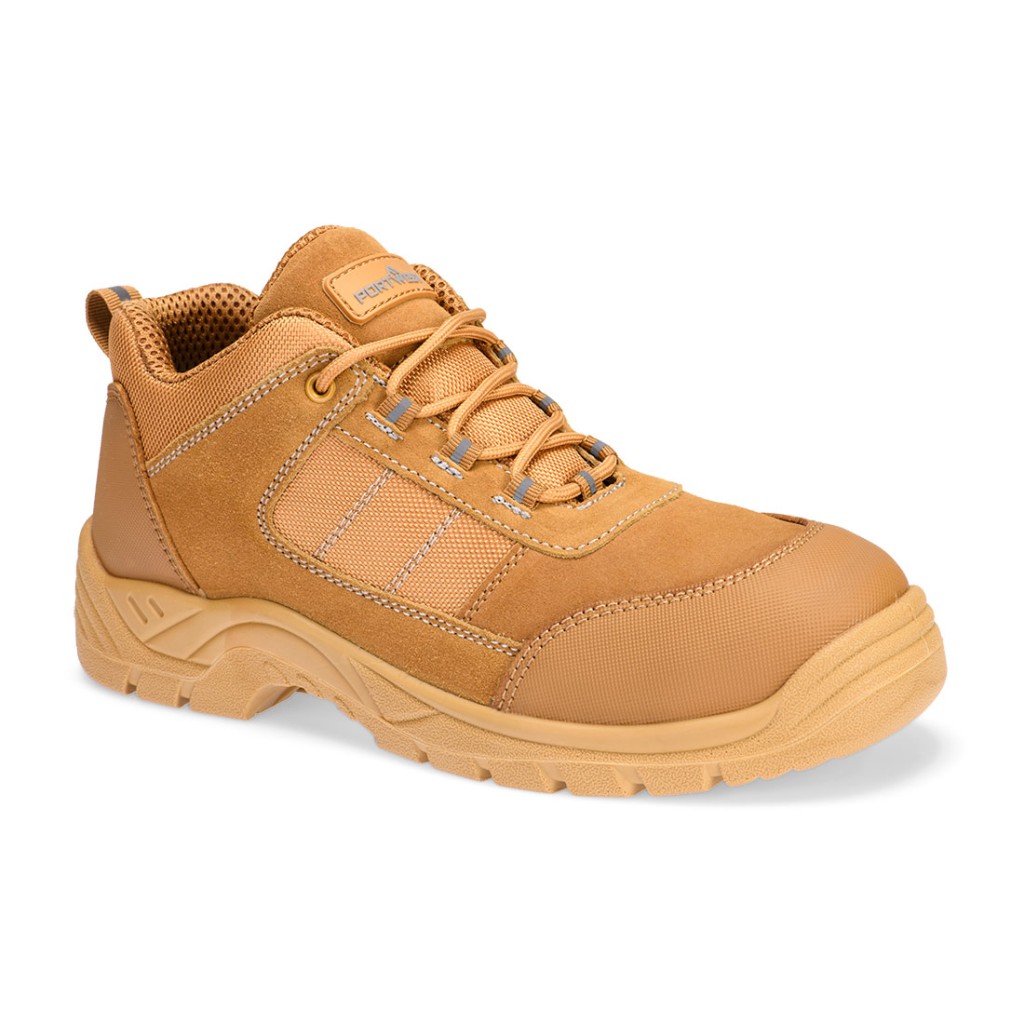 A safety trainer with a composite toecap, a cushioned insole, and a lightweight anti-slip sole, suitable for lighter-duty site work.