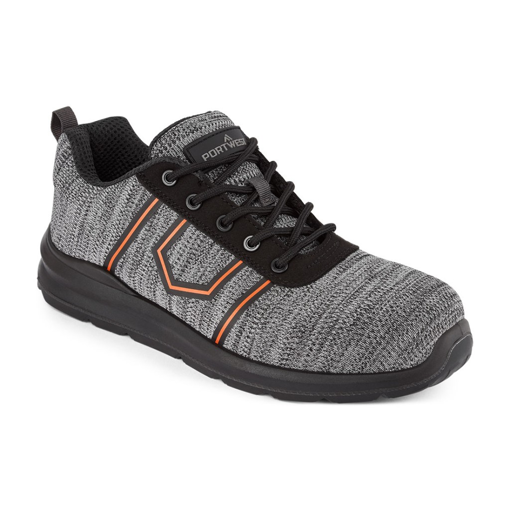 A grey safety trainer with a composite toecap, a cushioned insole, and a lightweight anti-slip sole, suitable for lighter-duty site work.