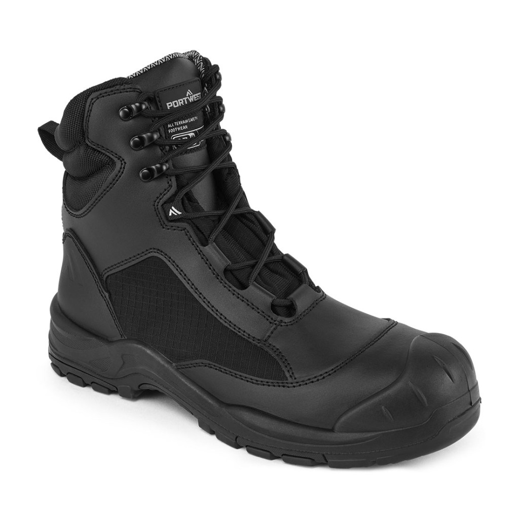 A black composite safety boot with an anti-slip sole and padded collar, designed for comfort and protection during extended site work.