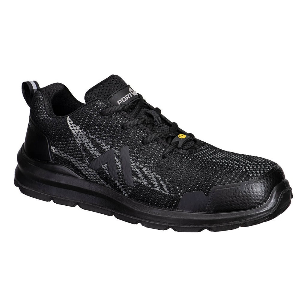 A black safety trainer with a composite toecap, a cushioned insole, and a lightweight anti-slip sole, suitable for lighter-duty site work.