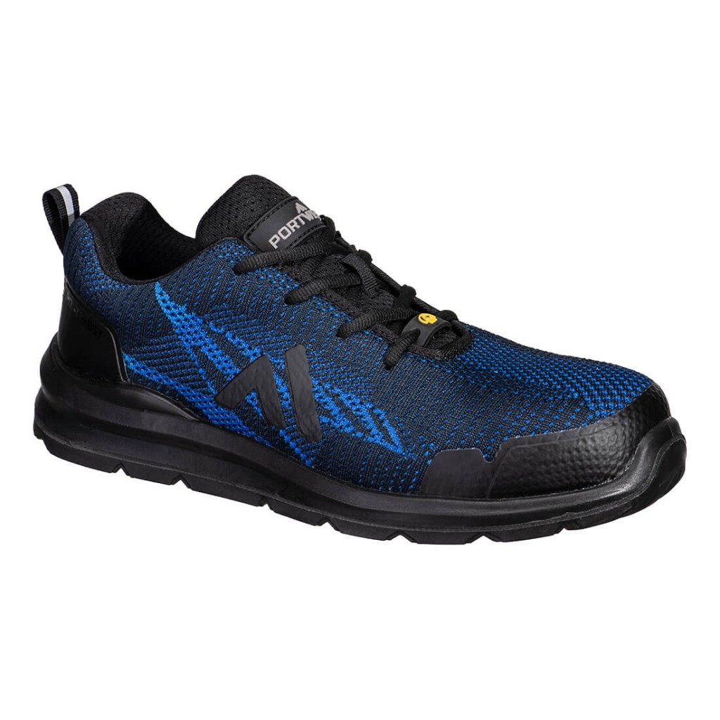 A navy blue safety trainer with a composite toecap, a cushioned insole, and a lightweight anti-slip sole, suitable for lighter-duty site work.