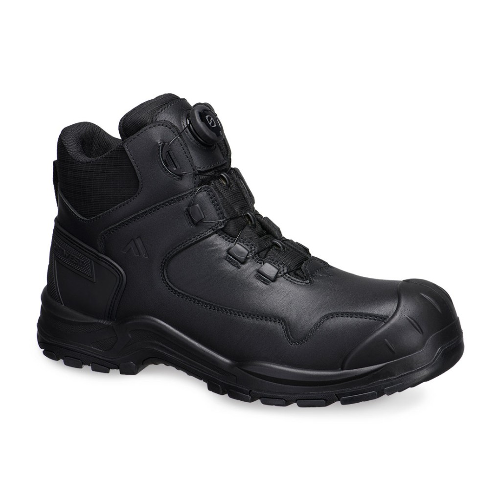 A black leather safety boot with a composite toecap and anti-slip sole, providing lightweight safety protection for site and industrial use.