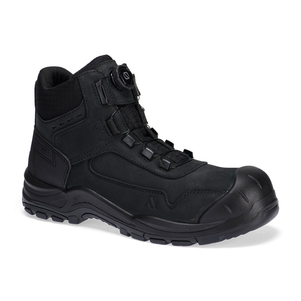 A black composite safety boot with an anti-slip sole and padded collar, designed for comfort and protection during extended site work.