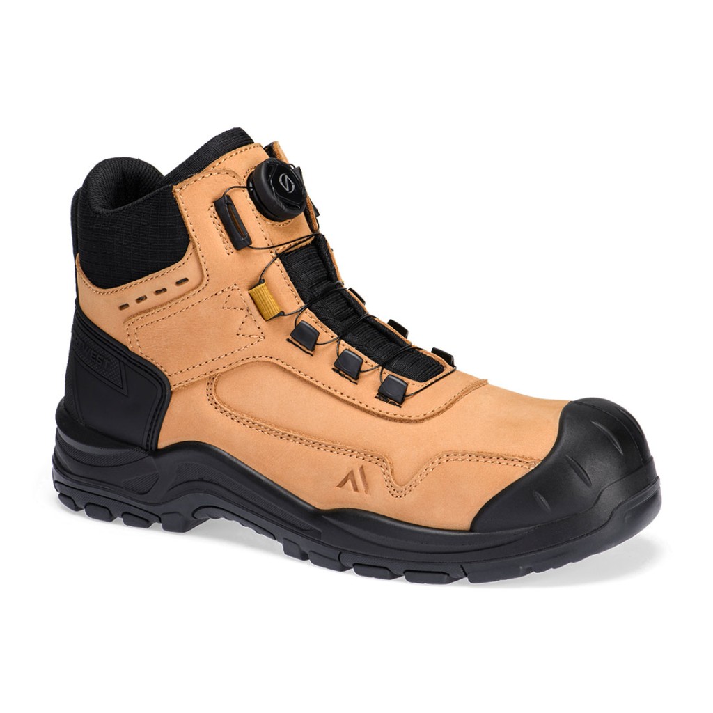 A composite safety boot with an anti-slip sole and padded collar, designed for comfort and protection during extended site work.