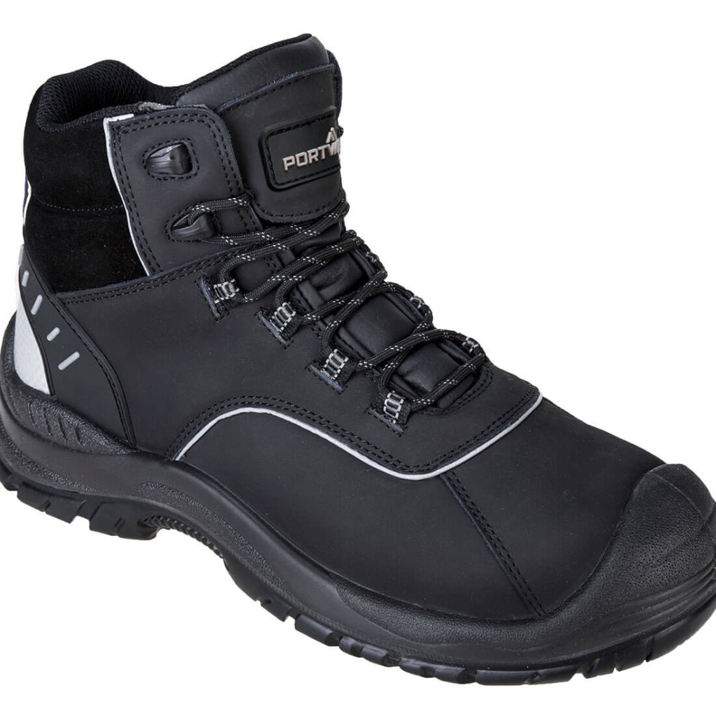 A black leather safety boot with a composite toecap and anti-slip sole, providing lightweight safety protection for site and industrial use.