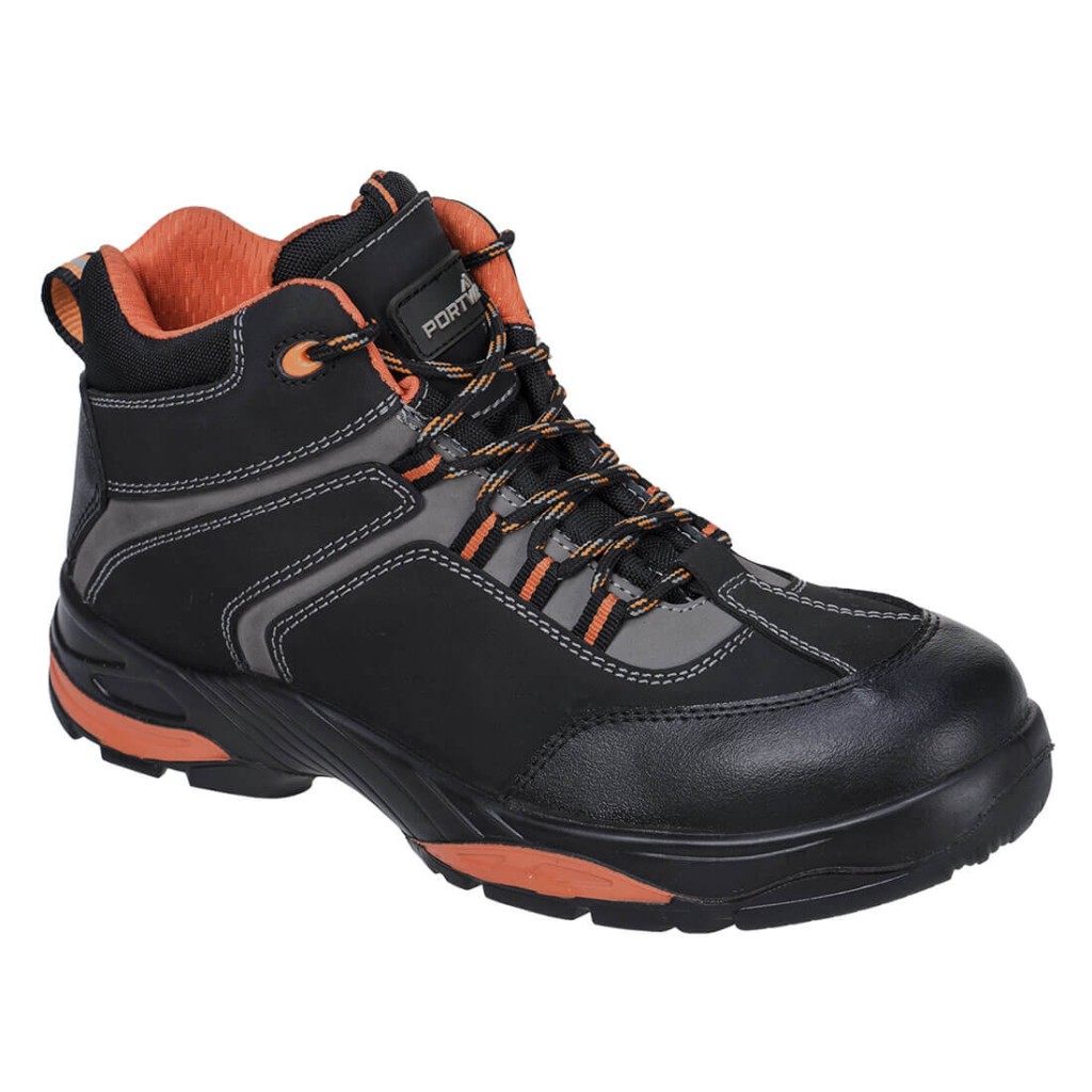 A black leather safety boot with a composite toecap and anti-slip sole, providing lightweight safety protection for site and industrial use.