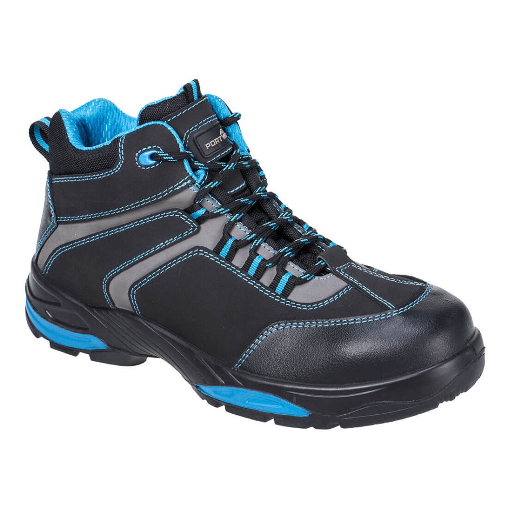 A blue leather safety boot with a composite toecap and anti-slip sole, providing lightweight safety protection for site and industrial use.