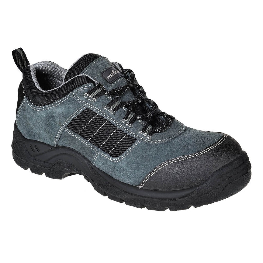 A black safety trainer with a composite toecap, a cushioned insole, and a lightweight anti-slip sole, suitable for lighter-duty site work.