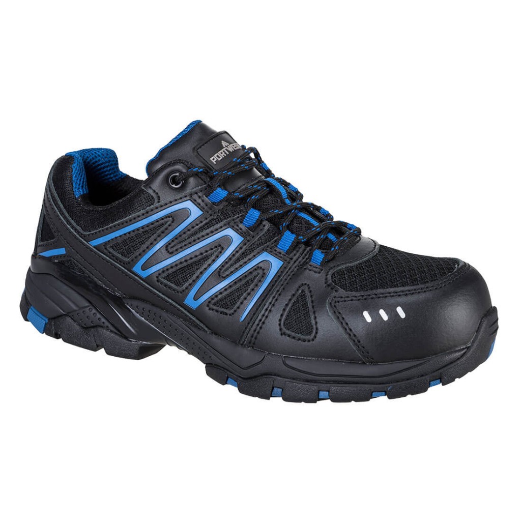 A black safety trainer with a composite toecap, a cushioned insole, and a lightweight anti-slip sole, suitable for lighter-duty site work.
