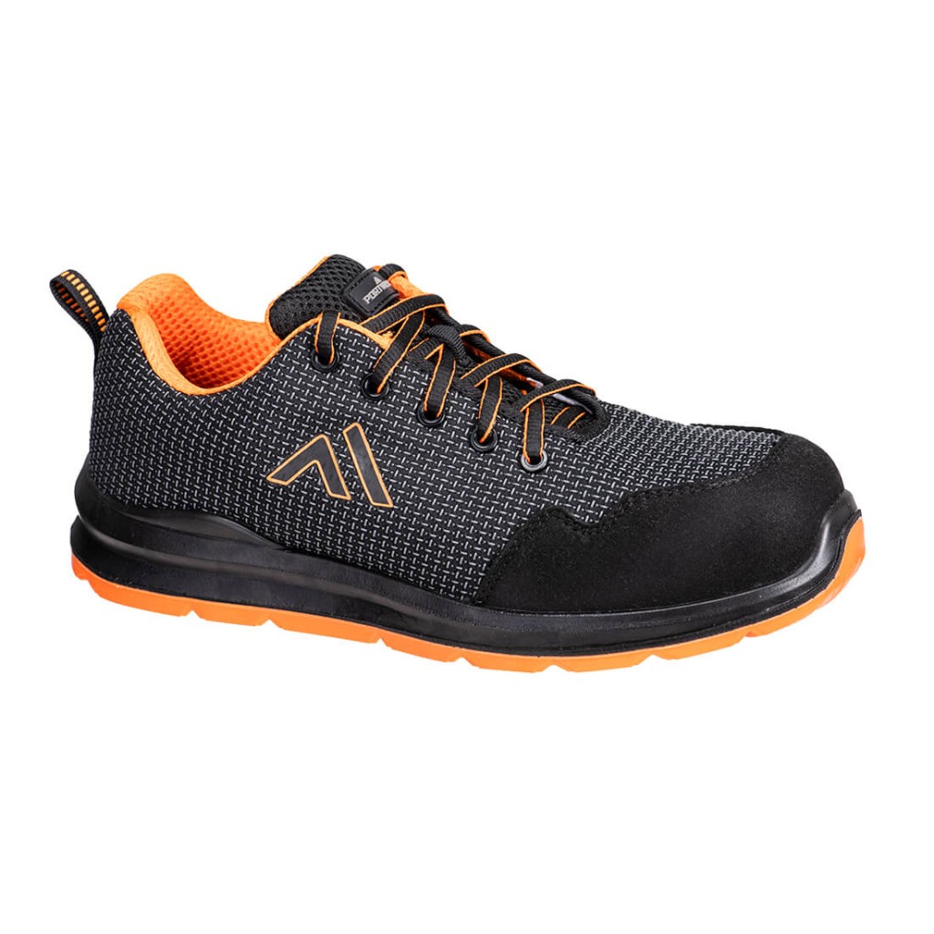 A black safety trainer with a composite toecap, a cushioned insole, and a lightweight anti-slip sole, suitable for lighter-duty site work.