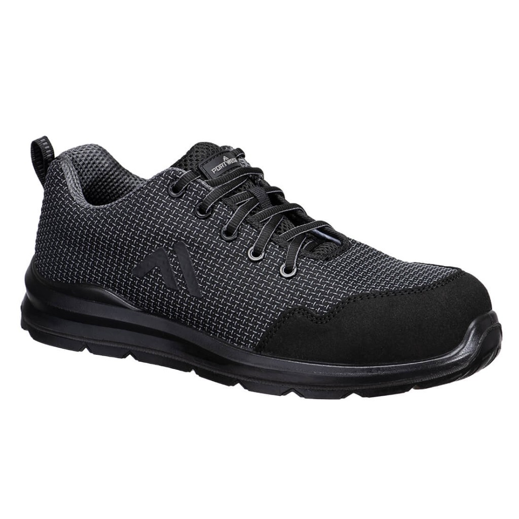 A grey safety trainer with a composite toecap, a cushioned insole, and a lightweight anti-slip sole, suitable for lighter-duty site work.