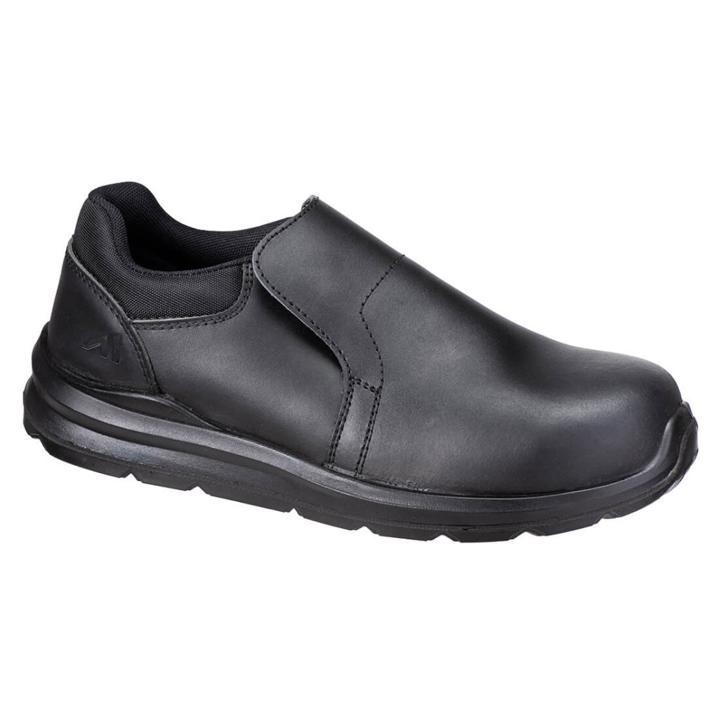 A black safety trainer with a composite toecap, a cushioned insole, and a lightweight anti-slip sole, suitable for lighter-duty site work.