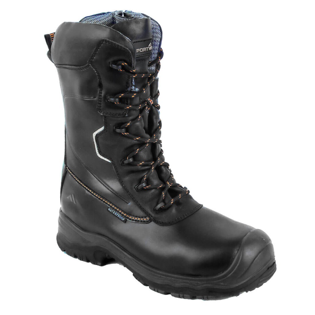 A black leather safety boot with a composite toecap and anti-slip sole, providing lightweight safety protection for site and industrial use.
