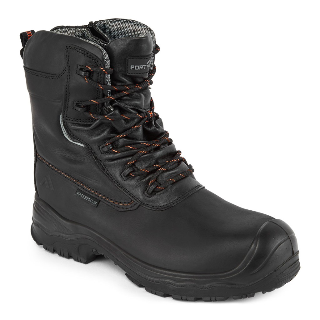 A black leather safety boot with a composite toecap and anti-slip sole, providing lightweight safety protection for site and industrial use.