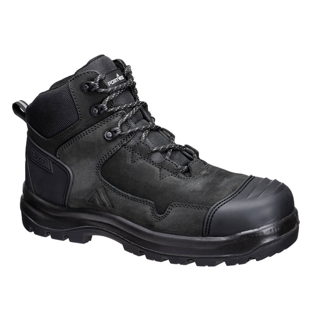 A black leather safety boot with a composite toecap and anti-slip sole, providing lightweight safety protection for site and industrial use.