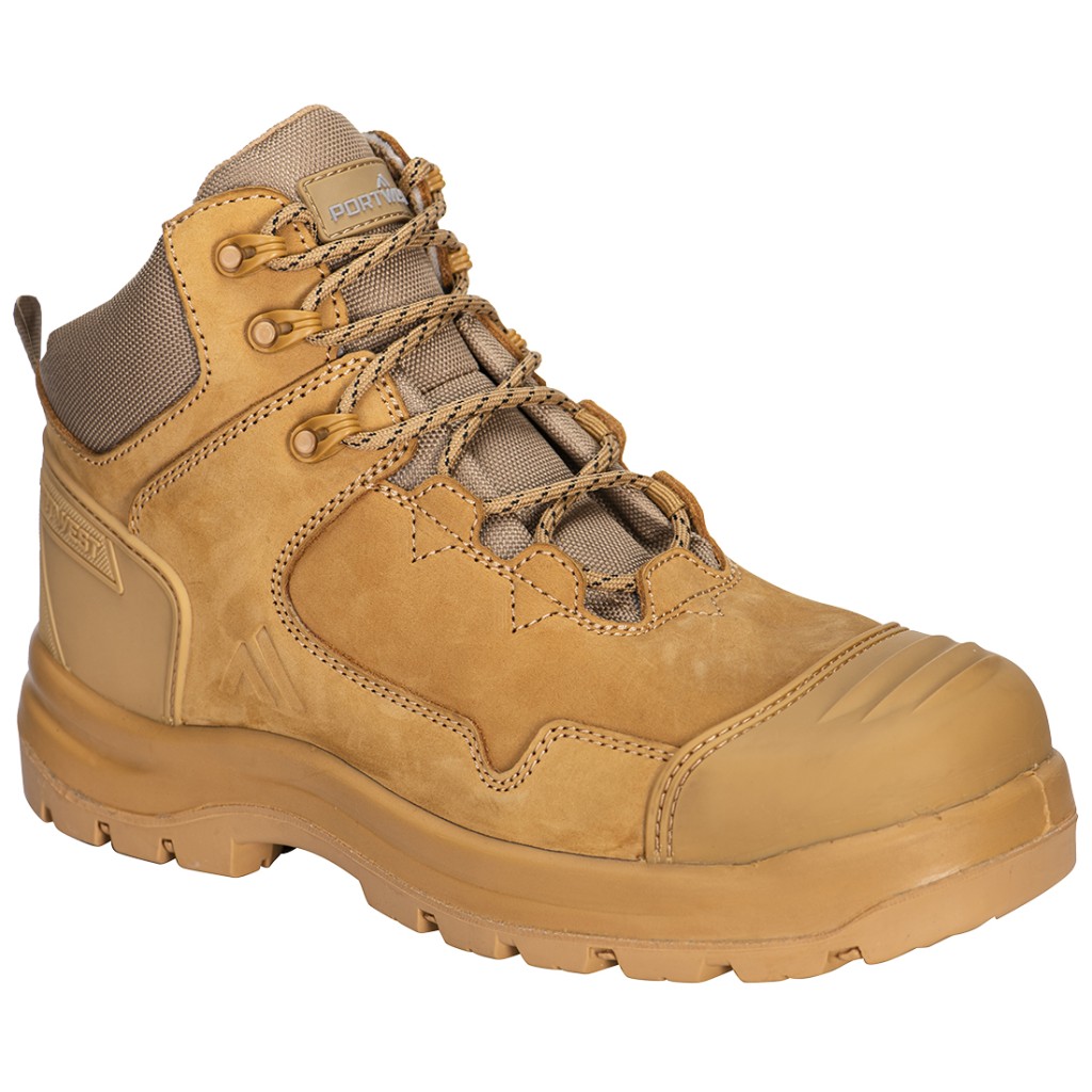 A leather safety boot with a composite toecap and anti-slip sole, providing lightweight safety protection for site and industrial use.