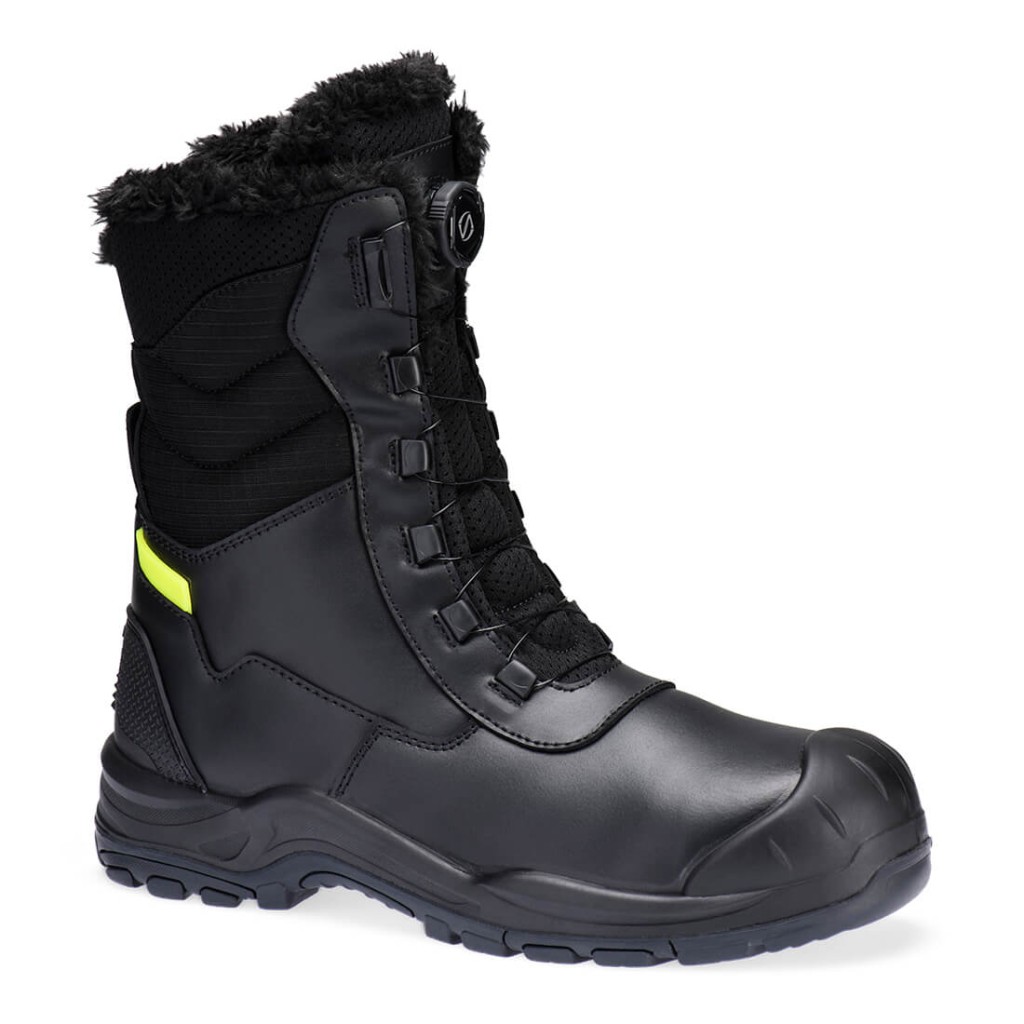 A black leather safety boot with an anti-slip sole and padded collar, designed for comfort and protection during extended site work.