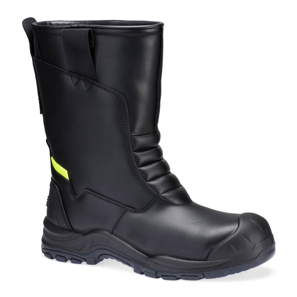 A black leather safety boot with an anti-slip sole and padded collar, designed for comfort and protection during extended site work.